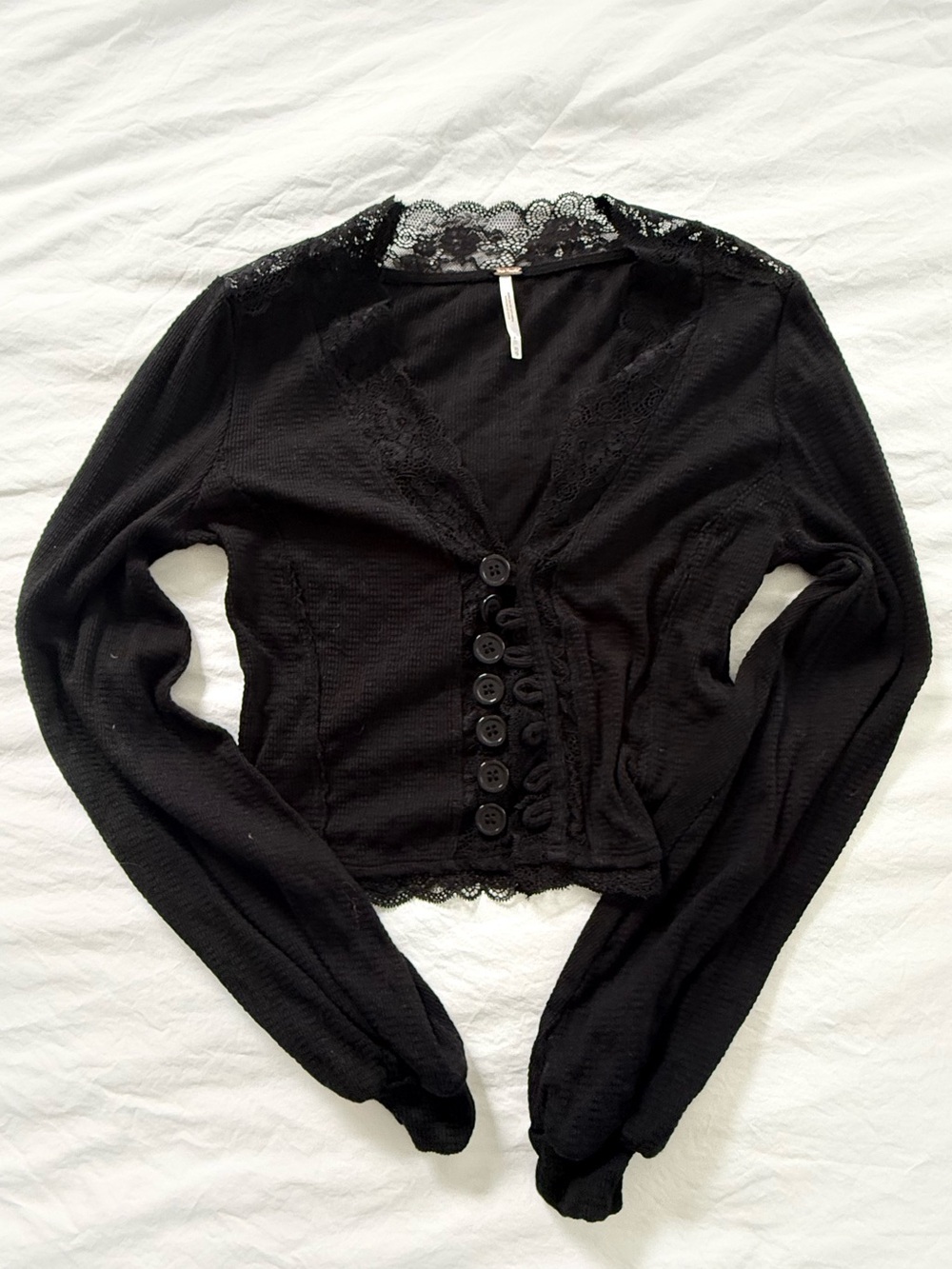 Free People Black Lace-Trim Button Down Top...adorable Cropped Like New Sweater
